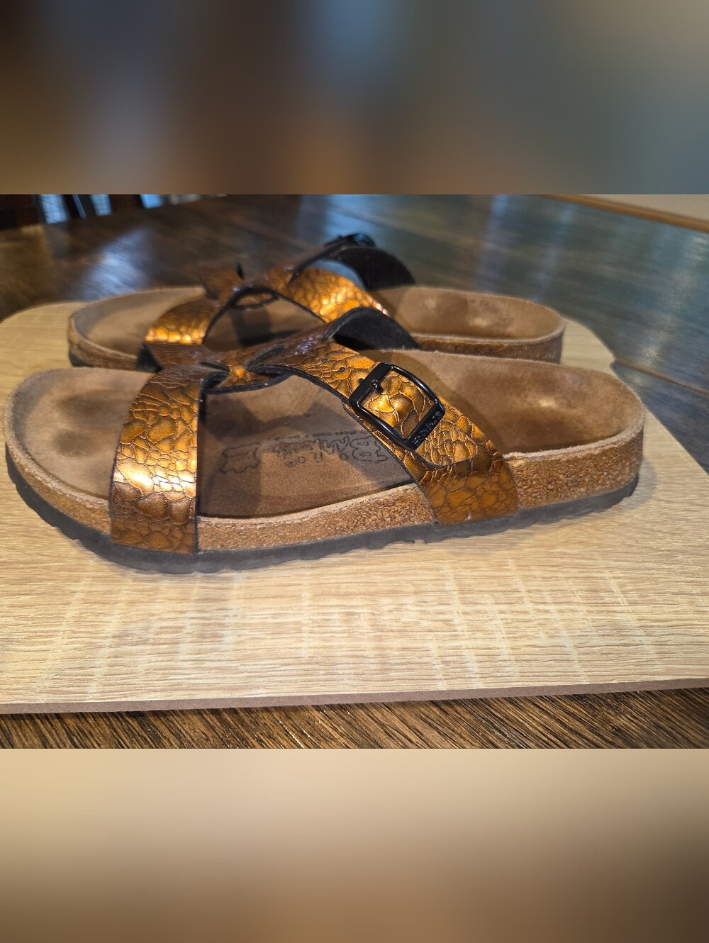 Birkenstock Metallic Bronze Textured Two-Strap Sandals